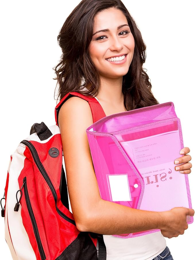 10 Pieces Plastic File Folders Envelope Expanding File Wallet Organizer Documents Folder with Snap Closure and Pocket, A4 Size Waterproof Transparent Pouch(Pink,Horizontal)