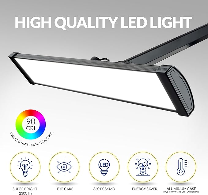2300 Lumens Ultra Bright LED Desk Lamp – Professional Eye Care Task Light 5 Level Adjustable Brightness & Color Temperature, for Home Office, Architecture, Beauty (CCT, Dimming, Black)