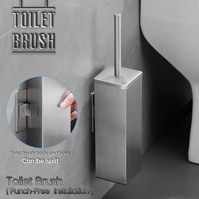 Brushed Gold Stainless Steel Toilet Brush, Square No-Punch Hook Base Toilet Brush Holder Removable Inner Bucket and Splash Proof Cover - Soft Bristles (No Drill Square Metal Cap Brushed)