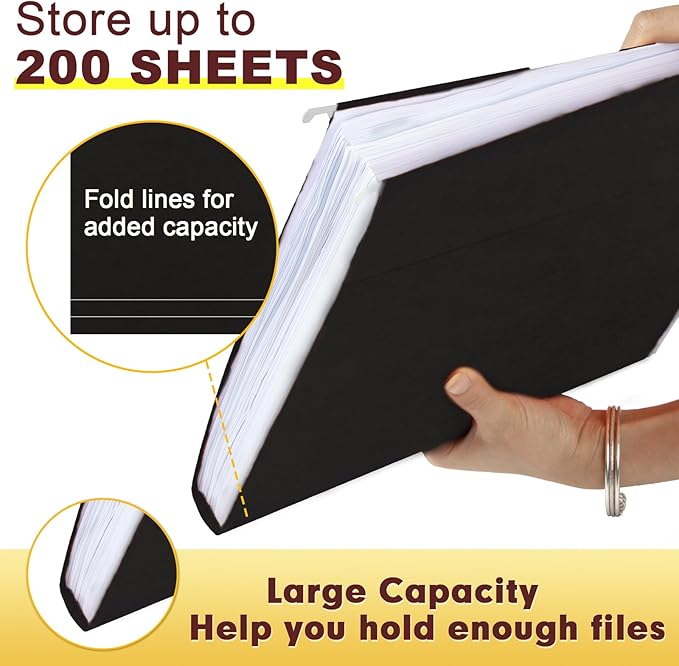 HERKKA Hanging File Folders, 30 Pack Reinforced Letter Size Hanging Folders, Designed for Bulky Files, Filing Cabinet, 1/5-Cut Adjustable Tabs (Black)