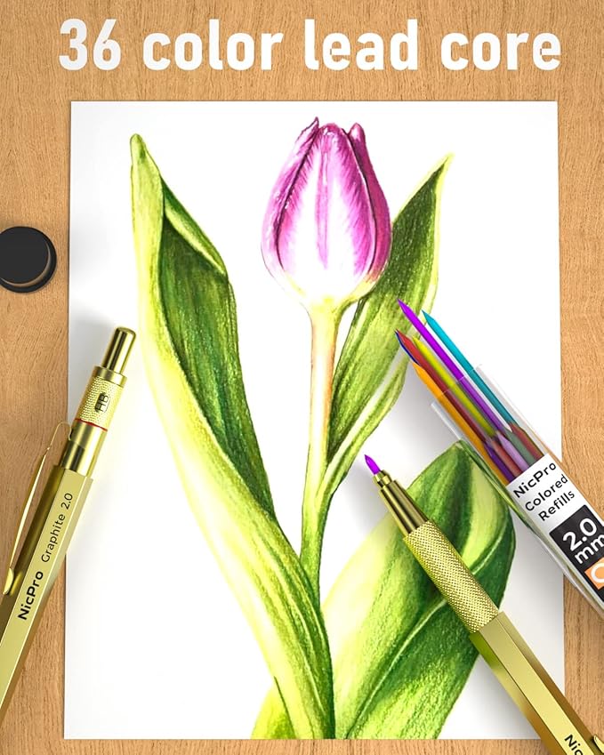 Nicpro 30PCS Art Mechanical Pencils Set in Leather Case, Gold Metal Drafting Pencil 0.5, 0.7, 0.9 mm, 2mm Lead Pencil Holder for Sketching Drawing With 16 Tube (6b 4B 2B HB 2H 4H Colors) Lead Refill