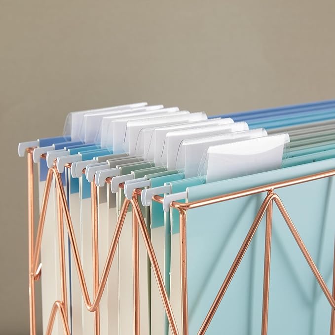 Hanging File Folder Kit Includes 1 Rose Gold Hanging File Desk Organizer and 20 Pack Hanging File Folders Letter Size with 1/5 Cut Tabs Design for School Office Home Supplies, Blue Design