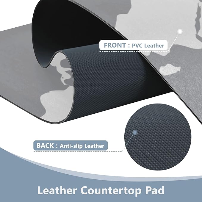 Mouse Pad Desk Mat Leather Desk Pad Large Gaming Desk Cover Protector Mat for Keyboard Computer Laptop Office Waterproof 47.2 x 23.6 Inch World Map Grey