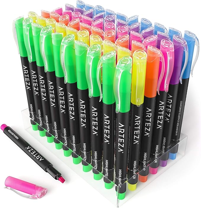 ARTEZA Highlighters Assorted Colors, Set of 60, Narrow Chisel Tip