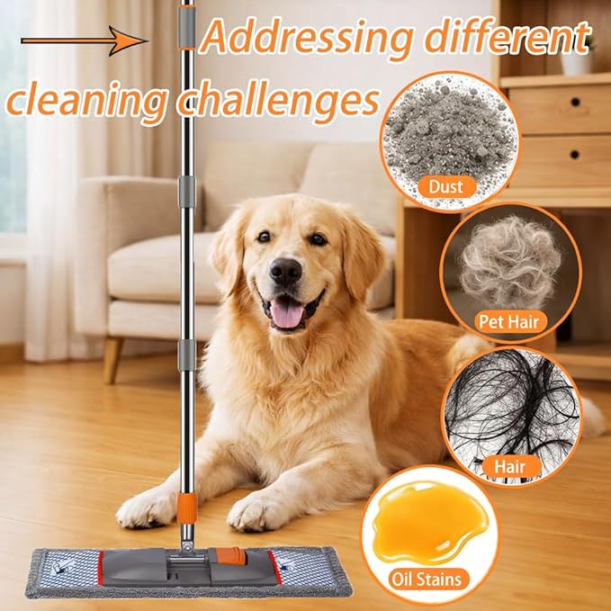 57-inch Fiber Flat mop with 4 Floor mops with Washable Pads, Suitable for Multiple Surfaces and Designed specifically for Floor Cleaning. Features an Extra-Long Telescopic Handle for deep Cleaning