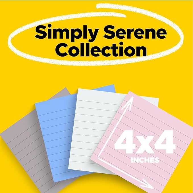 Post-it Super Sticky Notes, 4 Lined Note Pads, 4 x 4 in., 2X The Sticking Power, School Supplies and Office Products, Sticky Notes for Vertical Surfaces, Monitors, Walls and Windows, Simply Serene
