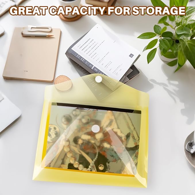 Clear Plastic Envelopes - 6 Pack Poly Plastic Envelope Folders with Closure A4 Letter Size Waterproof Reusable 6 Colors Ideal for School Office Home Documents Photo Puzzles Organization