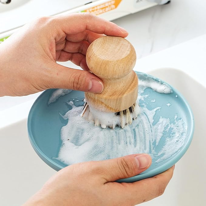 2er Pack Palm Pot Brush- Bamboo Round Mini Dish Brush Natural Scrub Brush Durable Scrubber Cleaning Kit with Union Fiber and Tampico Fiber for Cleaning Pots, Pans and Vegetables (A, L)