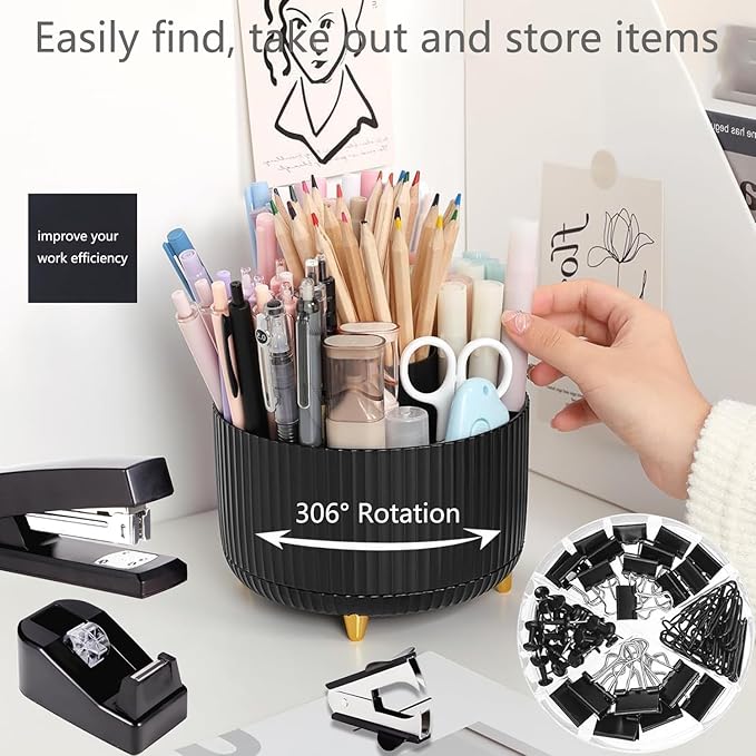 Office Supplies,Desk Accessories,with Stapler,Tape Dispenser,Staple Remover,Scissor,Ballpoint Pen,Sticky Notes,Clear Tape,Staples,Desk Organizer,Ruler,Binder,Best Gift Set(Black)