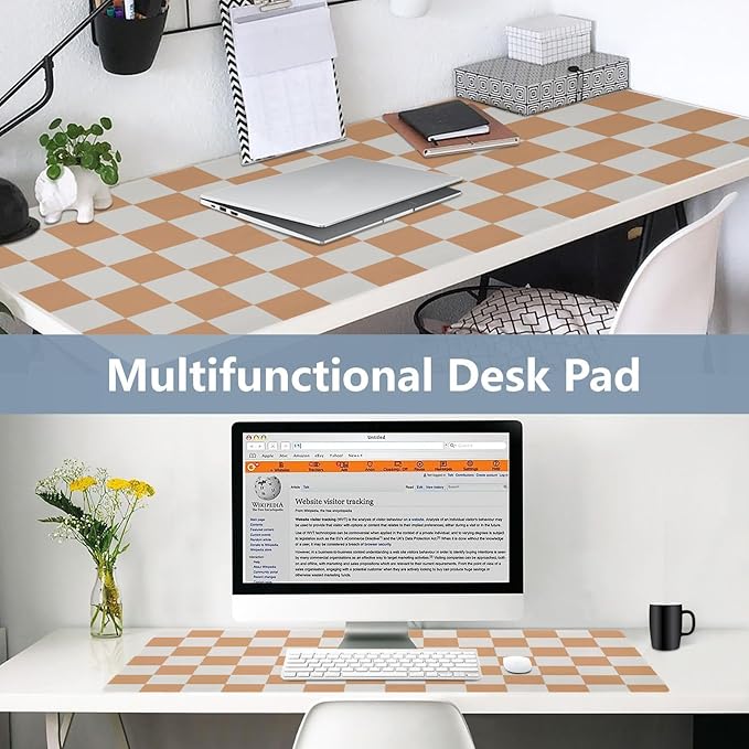 Mouse Pad Desk Mat Leather Desk Pad Large Gaming Desk Cover Protector Mat for Keyboard Computer Laptop Office Waterproof 47.2 x 23.6 Inch Checkered Orange and White