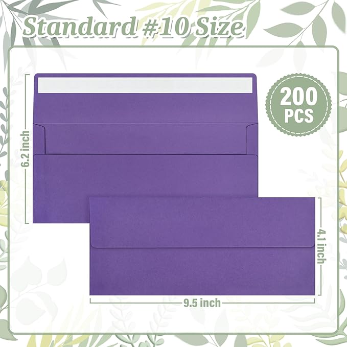 200 Purple #10 Business Envelopes, Self Seal Standard Envelopes, Windowless Business Mailing Envelopes for Office, Checks, Letters, Invoices, Statements, Wedding, 4-1/8 x 9-1/2 inch