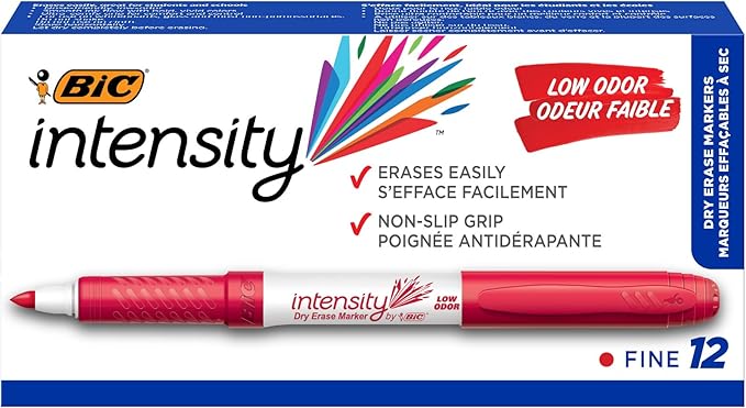 BIC Intensity Red Low Odor Dry Erase Markers, Fine Tip, 12-Count Pack of Erasable Markers With Low-Odor Ink for a Pleasant Writing Experience