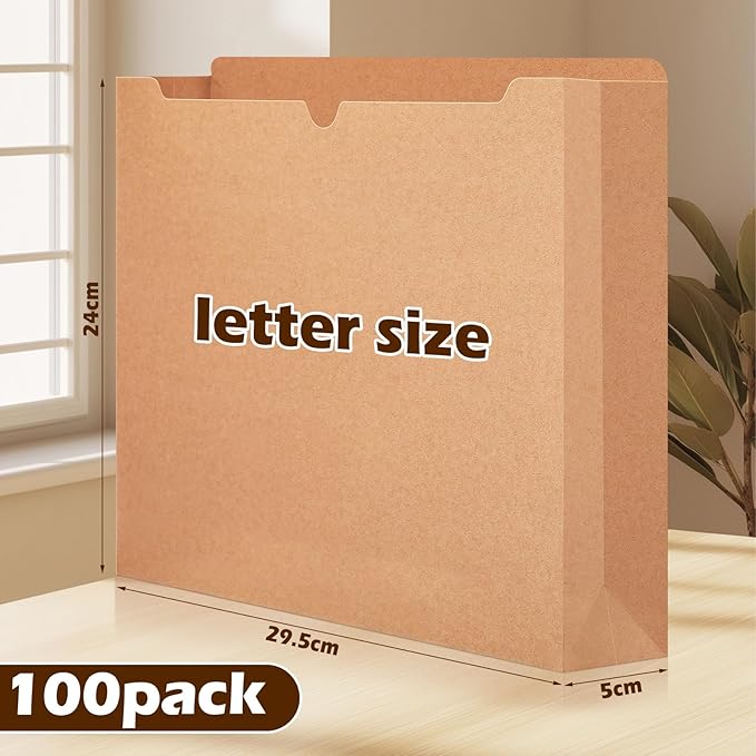 Zhehao 100 Pcs File Jackets Reinforced Straight Cut Tab Pocket Folders Expandable File Folder Expanding Paper Organizer with Tabs Expansion Pocket, Letter Size(Kraft Paper Color)