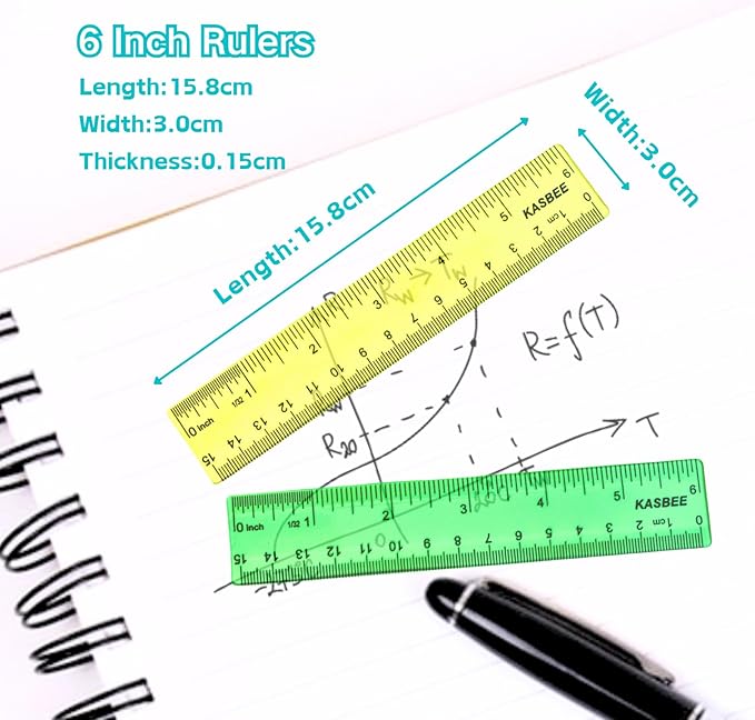 6 Inch Rulers, Colored Clear Rulers, Centimeters and Inches, Plastic Ruler for Kids, School, Home, Office, Pack of 7
