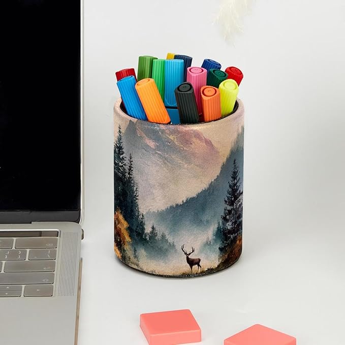 Watercolor Mountain Deer PVC Leather Circular Pencil Holder for Desk Organizer Stationery Holder for Office, School(3.9 x 3.1 Inches)