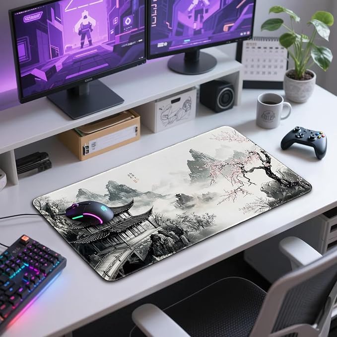 Japanese Black and White Cherry Blossoms Large Gaming Mouse Pad 31.5"x15.7"｜XXL Desk Mat, Non-Slip Rubber Base & Stitched Edges - Extended Mousepad for PC/Laptop/Office/Home Decor