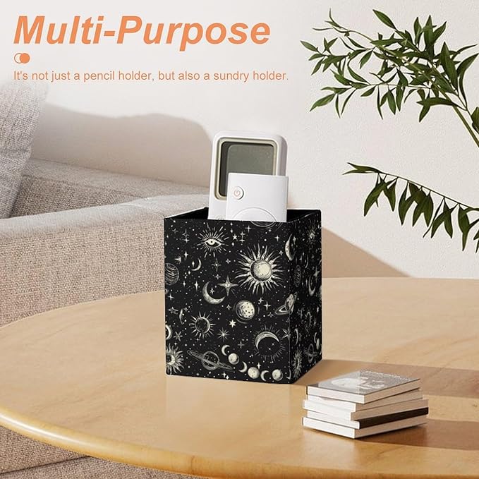 Square Pen Holder & Pencil Organizer for Desk - Office Storage Organizer, Markers/Makeup Brushes/Scissors Holder, Compact Desk Decor Accessories for Home Classroom School(Stars Moon Sun)