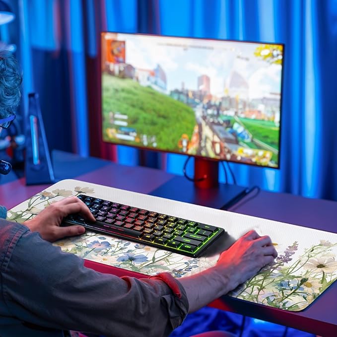 Flower Mouse Pad Large, Gaming Mousepads, Full Bloom ElegantFloral Computer Desk Pad with Stitched Edges Non Slip, Birthday Gifts for Women, Desktop Decor Mat for Keyboard and Mouse 11.8”x 31.4” XL