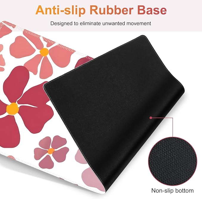 Desk Mat Gaming Mouse Pad, Cute Desk Matt Keyboard Wrist Rest for Desktop, Anti-Slip Mousepad w/Stitched Edges, XXL Large Mouse Pad with Wrist Support for Desk Computer I Burgundy Lucky Flower