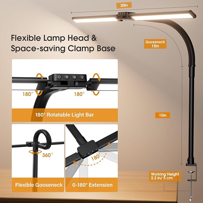 LED Desk Lamp for Home Office - Eye-Caring Computer Desk Light with Clamp, Rotatable Computer Lighting with Color Changing, Dimmable Monitor Table Lamp with Gooseneck, Double Head, Black