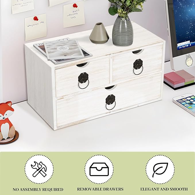 Wood Desk Organizer with Drawer, White Wooden Desktop Organizer, Tabletop Storage Organization Box for Countertop, Home Office Supplies (3 Drawer)
