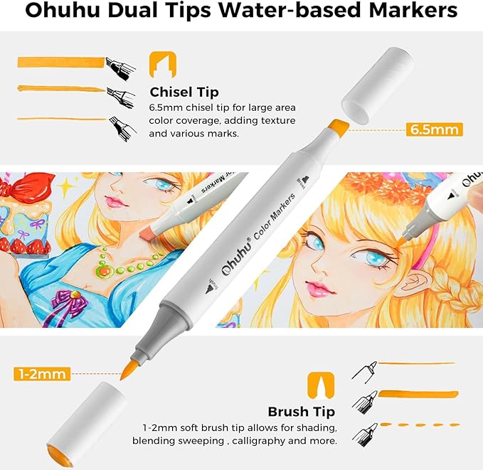 Ohuhu Markers for Adult Coloring Books No Bleeding 116 Colors Water-based Dual Tips Brush & Chisel Coloring Markers for Kids Adults Beginners Drawing Pens for Journaling Lettering