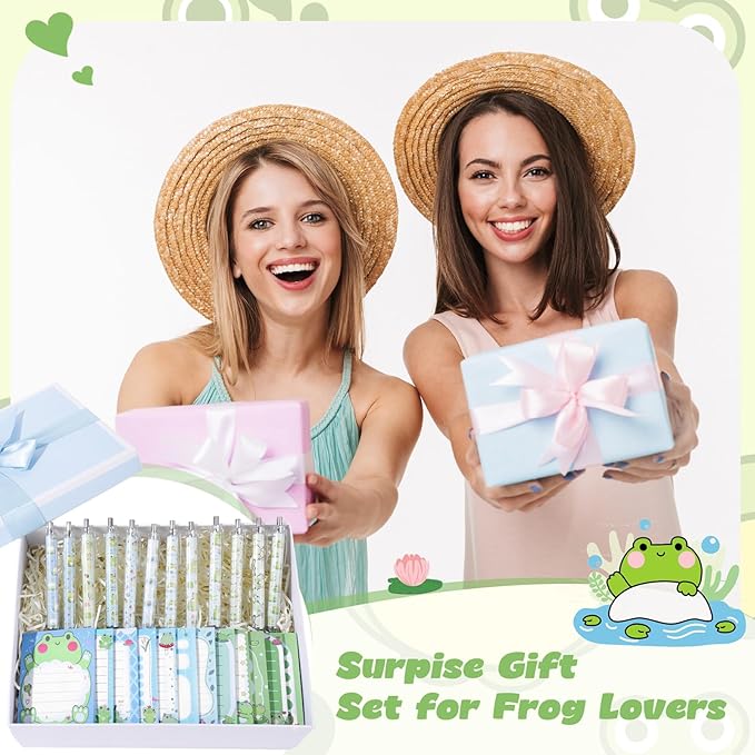 24 Pcs Frog Sticky Notes with Pens Themed Gifts Self Adhesive Notepad Cute Memo Notes Pads Black Ink Ballpoint Pen for Frog Lover Gifts Office School Students Teacher Supplies