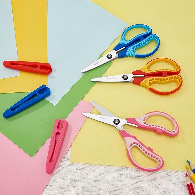 Kids Safety Scissors for Ages 4-6,6-8,8-11, 3-Pack 6'' Blunt Tip with Cover, Ambidextrous for Right & Left Hand, Soft Grip Handles,Premium Stainless Steel,Suit for School, Home, Craft Use