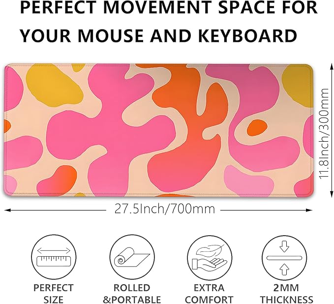 Pink Desk Mat Mouse Pad,Abstract Mouse Pad XL Cute Desk Pad Keyboard Mat,Desk Accessories for Women Office Decor, Extended Mousepad Non-Slip Rubber Base with Stitched Edges(27.5X11.8 in)