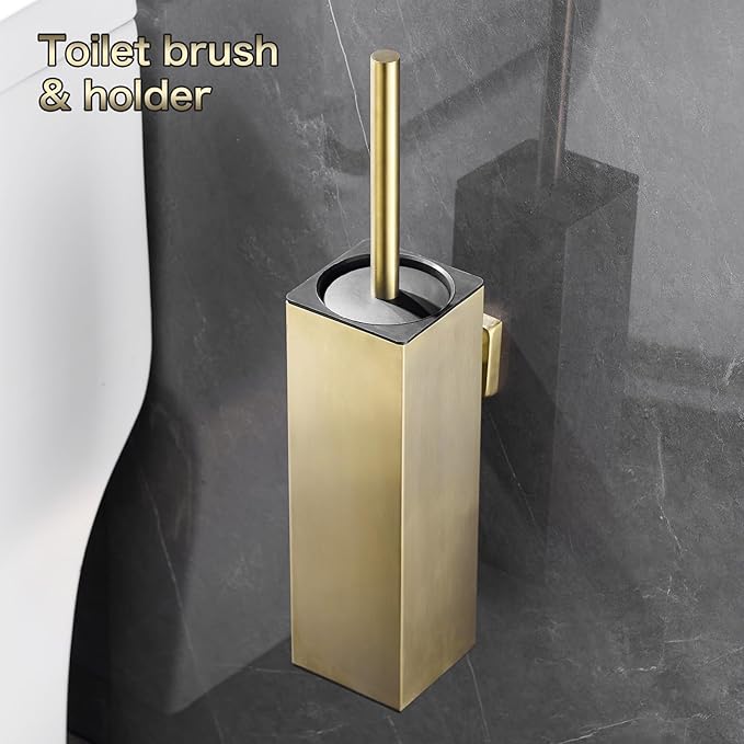 AIREMOEN Toilet Brush Set - Brushed Gold, Wall-Mounted Holder, Cleaning Brush Head, and Splash Guard
