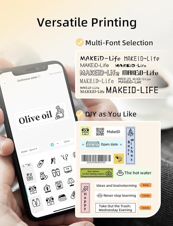 Makeid L1 Label Maker Machine with Tape Includes 3 Rolls - Portable & Rechargeable Label Makers Compatible with 9 12 16mm Tape - Mini Bluetooth Labeler for Organizing Office Home School