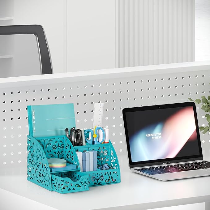 EasyPAG Pen Holder Desk Organizer with Drawer Pencil Cup for Desk 6 Compartments Metal Office Caddy Storage with Sticky Notes Holder for School Home Office, Dark Teal