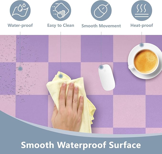 Mouse Pad Desk Mat Leather Desk Pad Large Gaming Desk Cover Protector Mat for Keyboard Computer Laptop Office Waterproof 35.4 x 16.5 Inch Checkered Purple