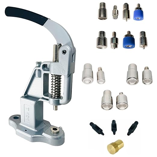 Snaps'N'Rivets Hand Press Kit with 2 Utility Snap Dies and 3 Double Capped Rivet Dies and 3 Hole Punches(Silver Gray Press)