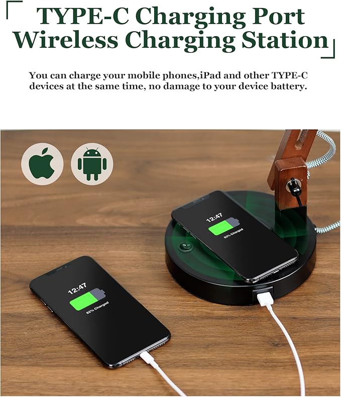 ELYONA LED Sapele Wood Desk Lamp with Upgraded Wireless Charger & USB C Charging Port Modern Table Lamp Swing Arm Bedside Reading Task Light for Dorm Office Bedroom Living Room Bulb Included Black