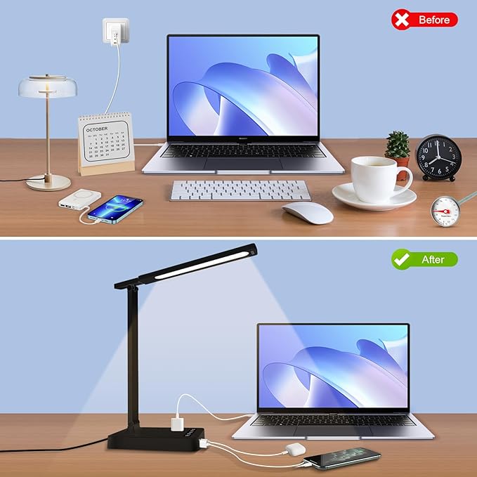 Desk Lamp with 4-Port Charging Station (2 AC Outlets, USB-C, USB-A), 5 Color Modes & Adjustable Brightness, Flexible Gooseneck Arm, Eye-Protecting LED Light Source, Ideal for Home Offices & Bedrooms