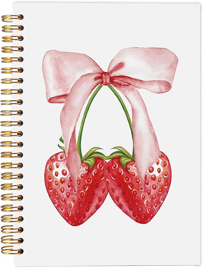 Strawberry Notebook, Coquette Pink Bow Notebook, Preppy Aesthetic Journal for Note Taking, Cute Girly Notebook, Preppy Gifts for Women, Pink Office Supplies, Spiral Notebook 5.5x8.3 Inch