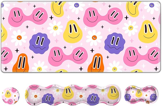 Gaming Mouse Pad Keyboard Wrist Support, 4 in1 Mousepad with Wrist Keyboard Rest, Computer Desk Mat, Non-Slip Desk Pad Protector with Memory Foam Easy Typing Pain Relief I Cute Hippie Smiley