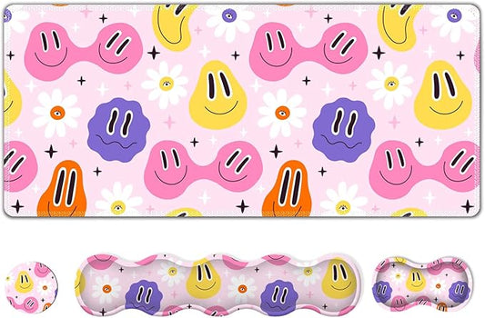 Gaming Mouse Pad Keyboard Wrist Support, 4 in1 Mousepad with Wrist Keyboard Rest, Computer Desk Mat, Non-Slip Desk Pad Protector with Memory Foam Easy Typing Pain Relief I Cute Hippie Smiley