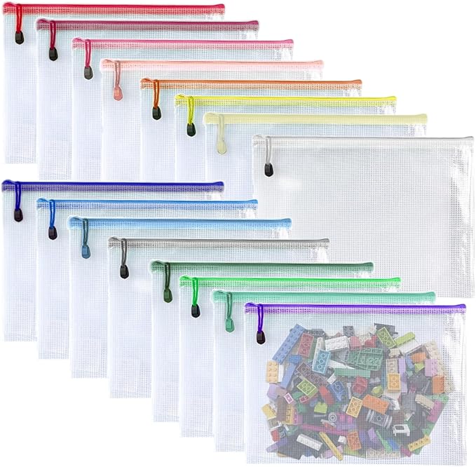 Oaimyy-16 PCS-9 x 12 inches-Mesh Zipper Pouch, Plastic Zip File Folders Puzzle Bags for Organizing,for Office Supplies,Travel,Home Storage-Multicolor
