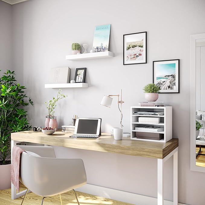 Ballucci 4-Tier Paper Organizer for Desk, Stackable Organizer Tray, Desk Storage Shelves, Stacking Letter Paper Tray Sorter for Classroom, Office, White