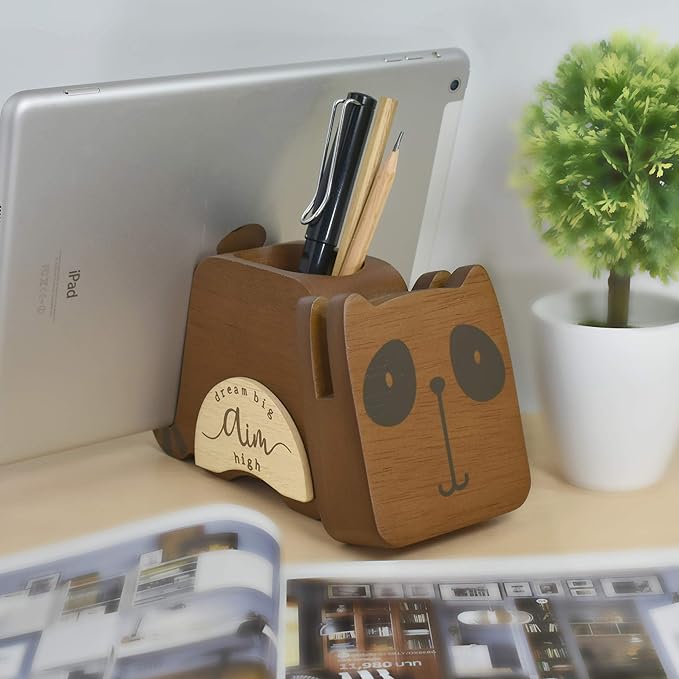 I'm Wood Multipurpose Raccoon Eyeglass Phone Pen & Pencil Holder Stand Stationery Desk Organizer Accessories Decor, for Home Office Desktop Decoration Birthday Graduation Gifts “Dream Big Aim High”