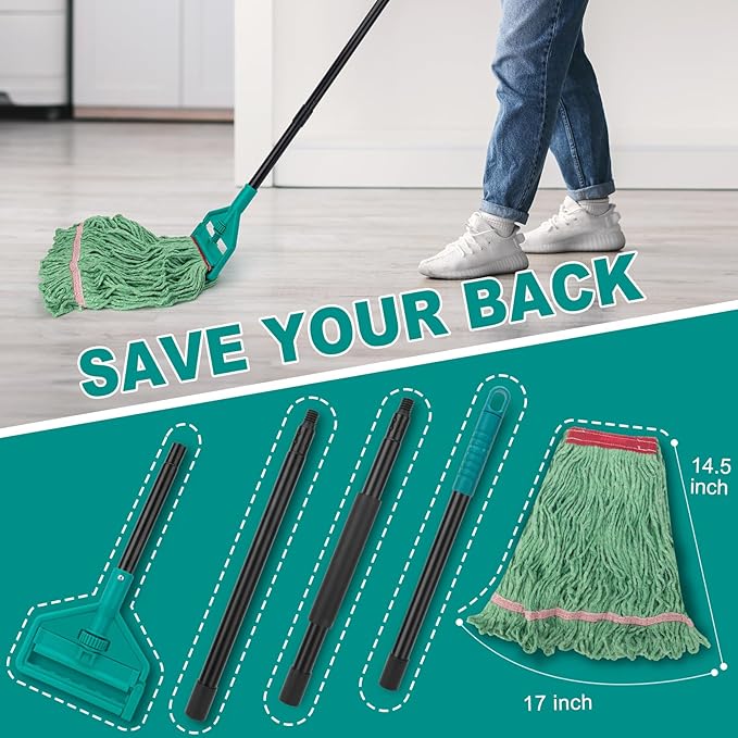 KeFanta 60 Inch Loop-End String Mop Heavy Duty Commercial Mops for Floor Cleaning,Industrial Cotton Wet Mop with Extra Mops Head Replacement(Green)