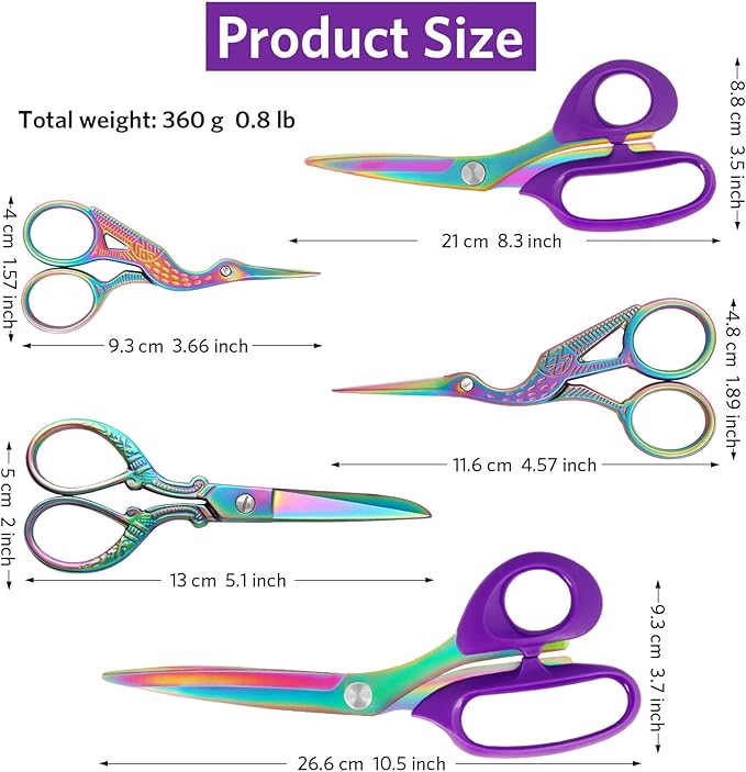 Titanium Coating Sewing Scissors Bundle, Professional Fabric Scissors Set, Ultra-Sharp Stainless Steel Blades, Ergonomic Handle, Great for Tailor, Embroidery, Craft, 10.5"/8"/5.1"/4.5"/3.6"