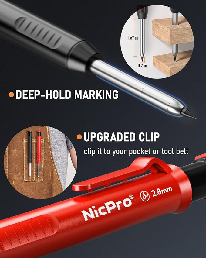 Nicpro 6 Pack Carpenter Pencil with Sharpener,Mechanical Pencils Set 54PCS Refills(Black,Red,Yellow,Blue,Green,White) Deep Hole Marker Construction Heavy Duty Woodworking -With Case