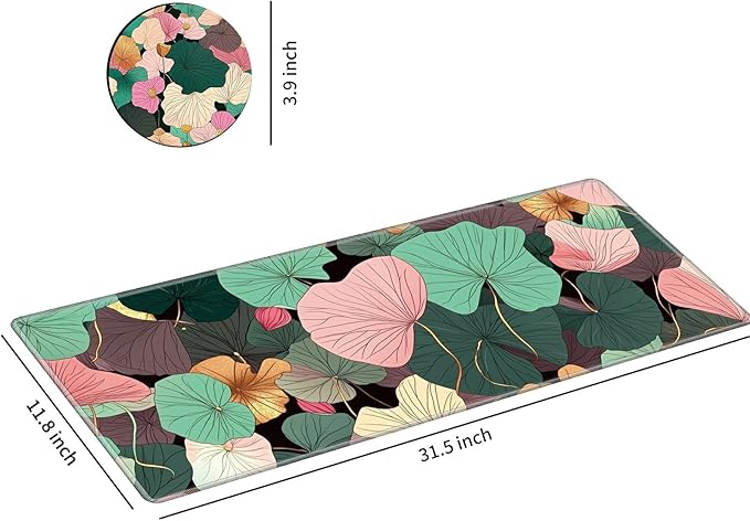 Desk Mat Large Gaming Mouse Pad (31.5x11.8 inch) with Stitched Edges, XL Mouse Pad +Coaster, Extended Mouse Mat Keybroad Mousepad Non-Slip Rubber for Gamer Men Women, Pink Teal Lotus Leaf