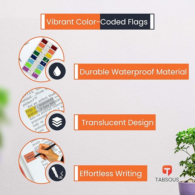 Tabsous 1248 Sticky Tabs - Repositionable, Writable Index Tabs & Page Flags for Books, Files, and Notes - Transparent Colored Markers for Organizing, Highlighting, Classifying Documents (08 Colors)