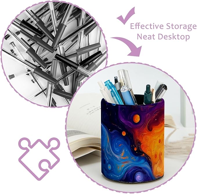 Leather Pen Holder for Desk Abstract Universe Galaxy Pencil Cup Desktop Organizer Makeup Brush Holders Office Supplies for Home, Kids & School