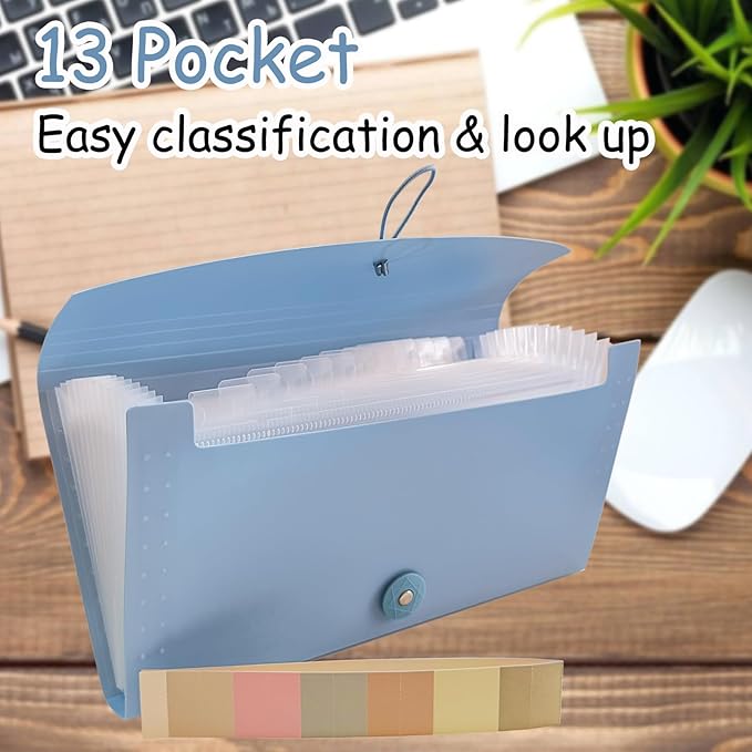 Small Accordion File Organizer - 13 Pocket Expanding Folder for Receipts, Bills, and Envelopes - Money Saving Binder (Blue)
