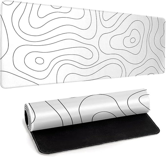 White Large Gaming Mouse Pad Desk Pad Topographic Map Big Keyboard Mat 31.5x11.8inch Computer Mousepad with Stitched Edge Non-Slip Rubber Base
